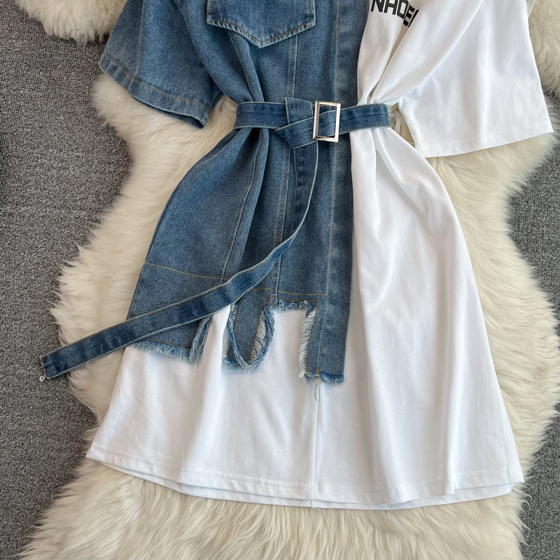 Taille Tailliert Rundhals Color Block Jeanshemd Chic Casual Mittellang_voghion.com