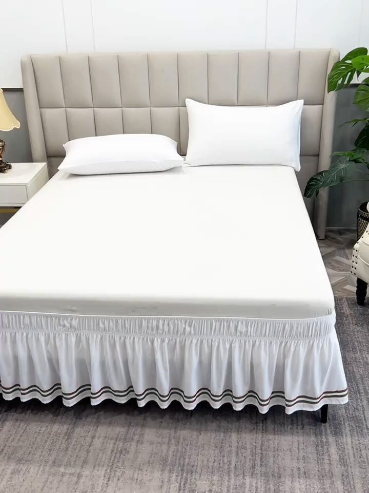 Gonna da letto elasticizzata aderente - Volant antipolvere tinta unita e a righe (tessuto antipiega con tasche profonde per letto matrimoniale/king size, facile da installare)_voghion.com