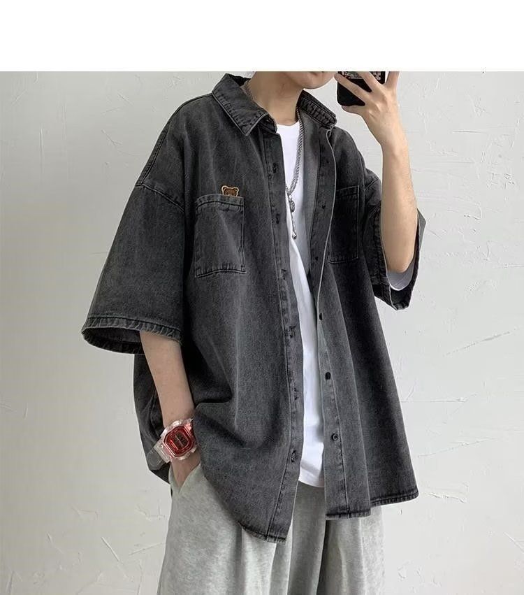 Letnia krótka koszula dżinsowa dla mężczyzn, stylowa, modny niszowy design, luźna, swobodna kurtka z krótkim rękawem_voghion.com