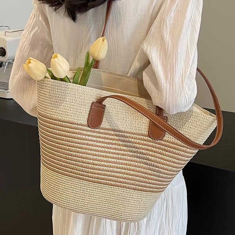 Borsa da spiaggia estiva da donna, grande capacità, in rattan intrecciato, a tracolla, in paglia, cestino, secchiello_voghion.com