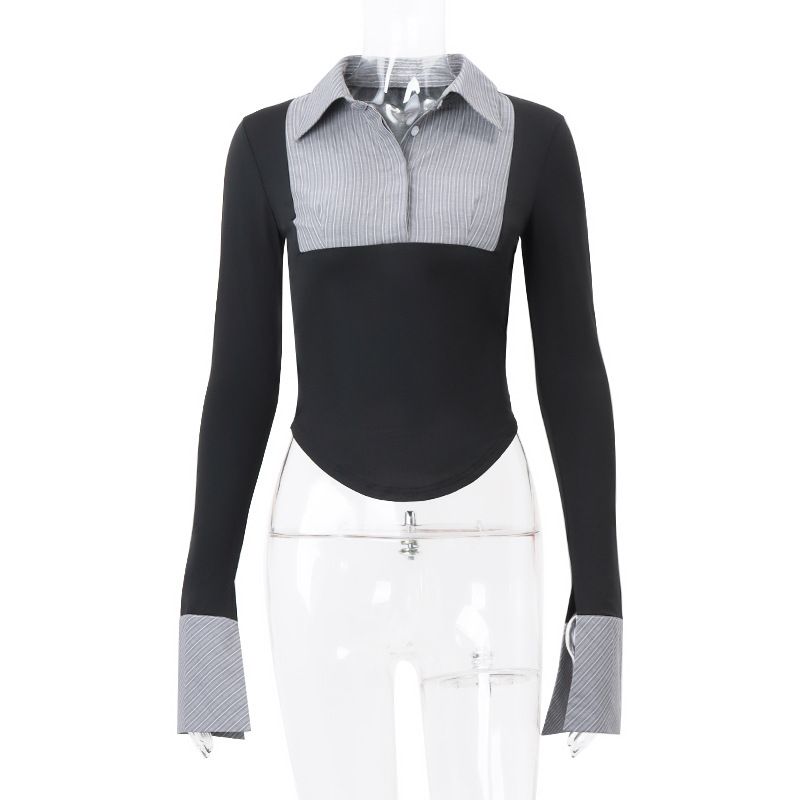 Women's Fashion Color Block Striped Polo Collar Long Sleeve Top – Retro Chic Slim Fit Blouse For Stylish Outfits_voghion.com