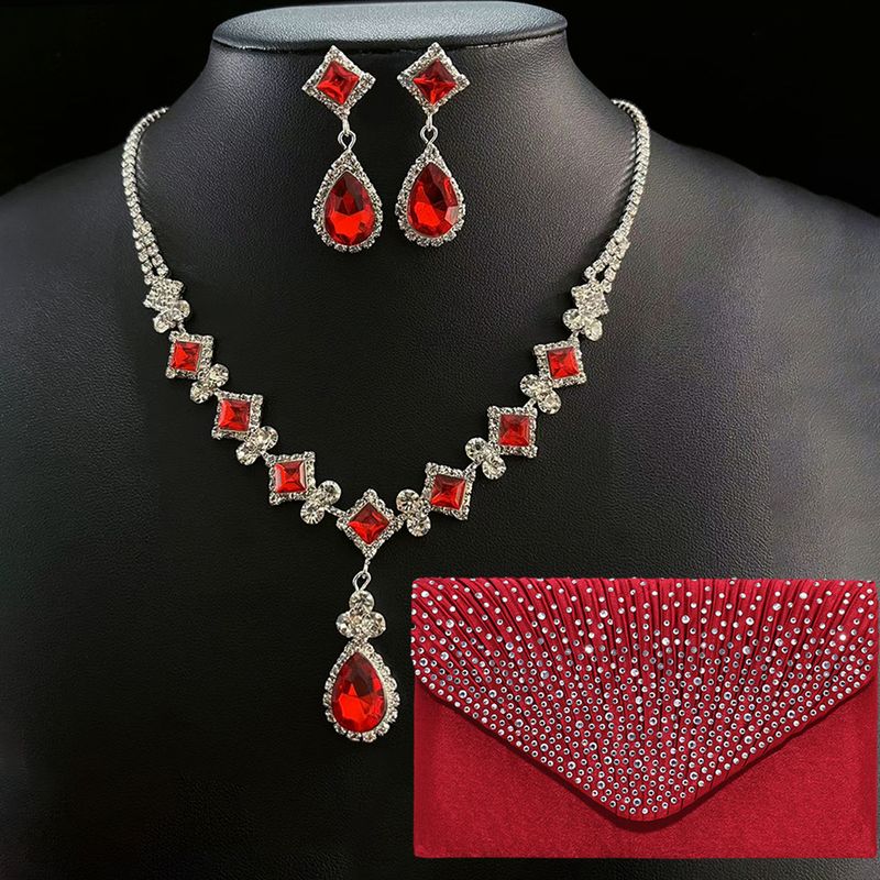 Women's Jewelry Set - Elegant Red Gemstone Geometric Drop Necklace & Earrings With Clutch Bag For Evening Gowns, Dinner Parties & Special Occasions_voghion.com