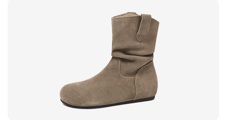 Cameido Damen Westernstiefel mit runder Zehenpartie und gefaltetem Flor und flacher Sohle aus Wildlederimitat für Herbst und Winter im Retro-Braun-Stil_voghion.com