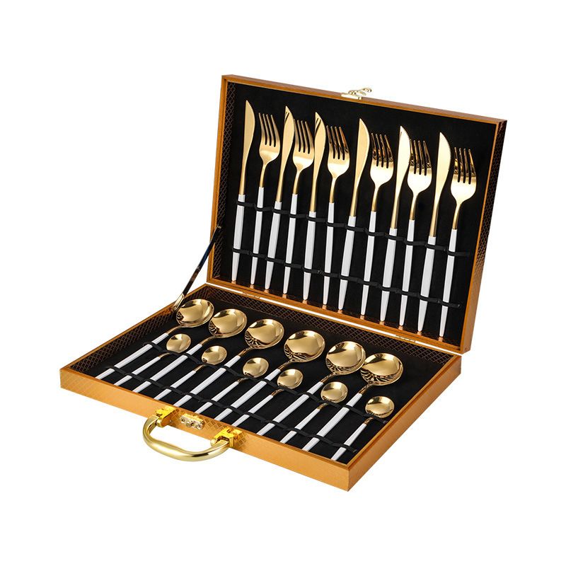 Steakmesser, Gabel und Löffel im Western-Stil aus Edelstahl, 24-teiliges Set in Geschenkbox, Küchengeschirr als Festivalgeschenk_voghion.com