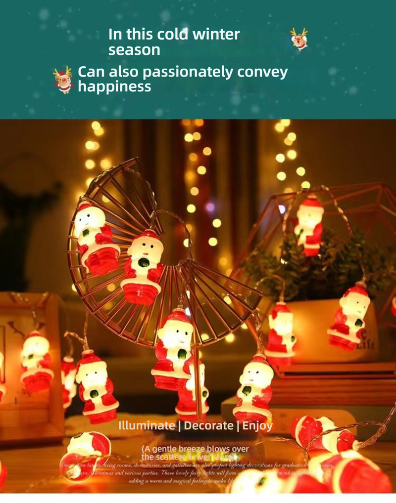 "Catena di luci natalizie a LED con figure di Babbo Natale e pupazzo di neve - Decorazione natalizia a batteria per uso interno/esterno"_voghion.com