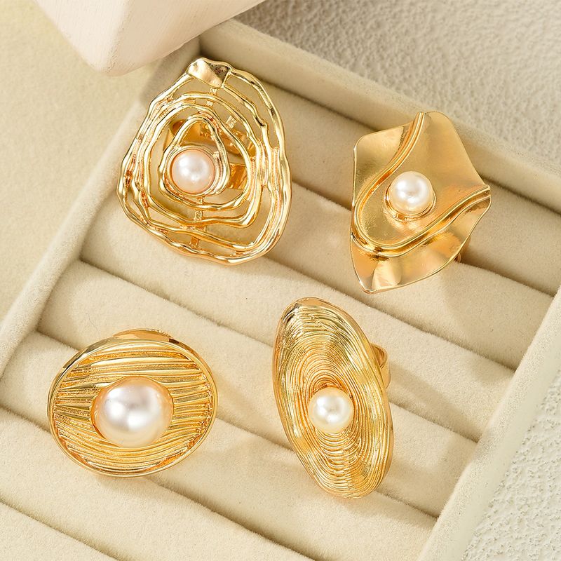 Fashionable Boho Pearl Flower Ring Set - 4PCS Stackable Geometric Statement Rings For Women, Trendy Hollow-Out Design, Ins Style Jewelry Gift_voghion.com