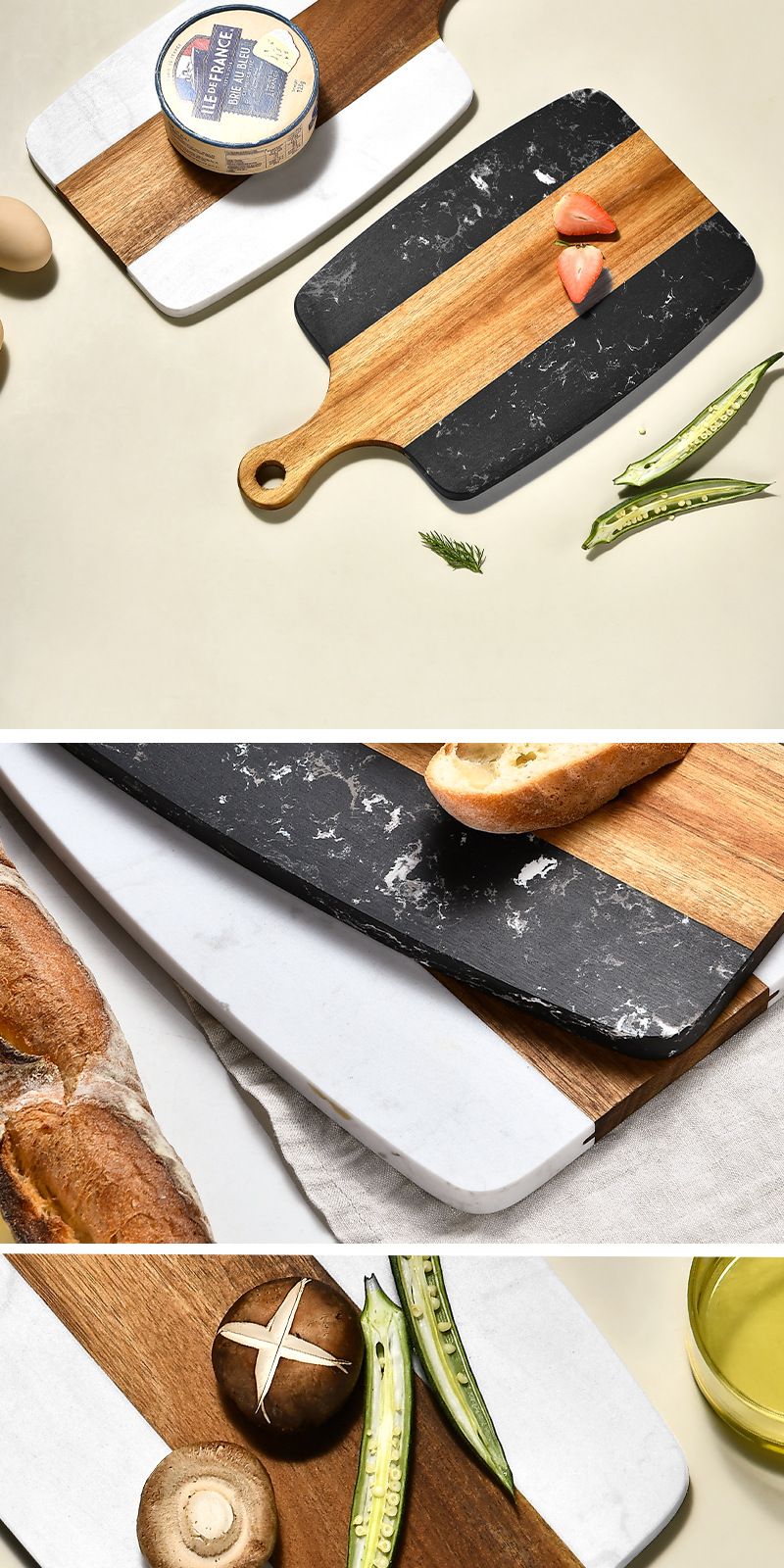 Tábua de Charcutaria Mármore Emenda Madeira de Acácia Tábua de Corte Dupla Face Tábua de Corte de Pão de Queijo Placa Utensílios de Cozinha ao Ar Livre_voghion.com