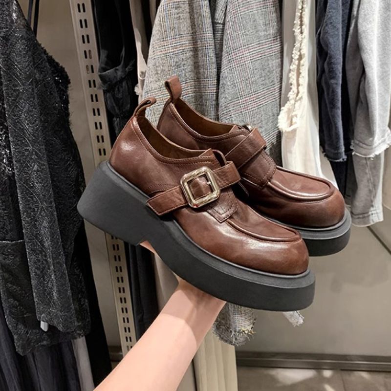 Grape Mom Studiolee Pelle di Cavallo Lavata Testa Rotonda Stile Britannico Un Passo Tacco Spesso Le Fu Singolo Donna Pelle_voghion.com