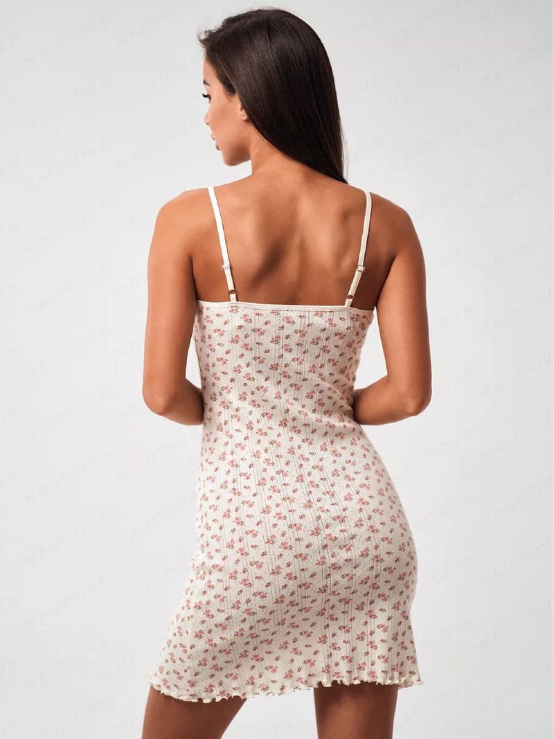 Vestido de dormir para mujer con tirantes calados y estampado floral, estilo Pure Desire, pequeño, fresco, sexy, ajustado, con falda corta y cuello en U._voghion.com