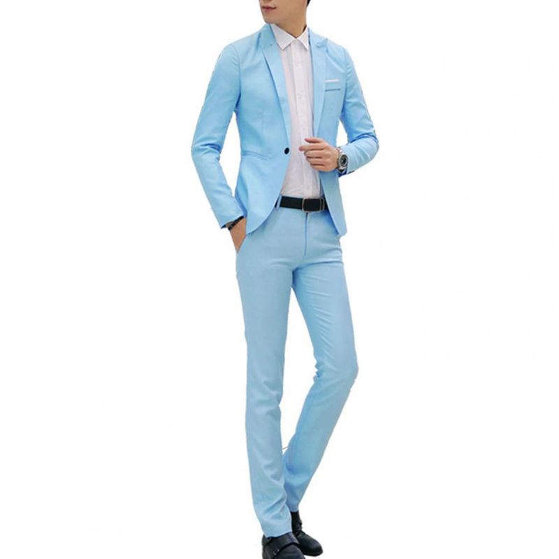 2 Teile/satz Männer Frühling Herbst Einfarbig Business Anzug Revers Ärmel Taschen Single Button Blazer Slim Fit Lange Hosen Set_voghion.com