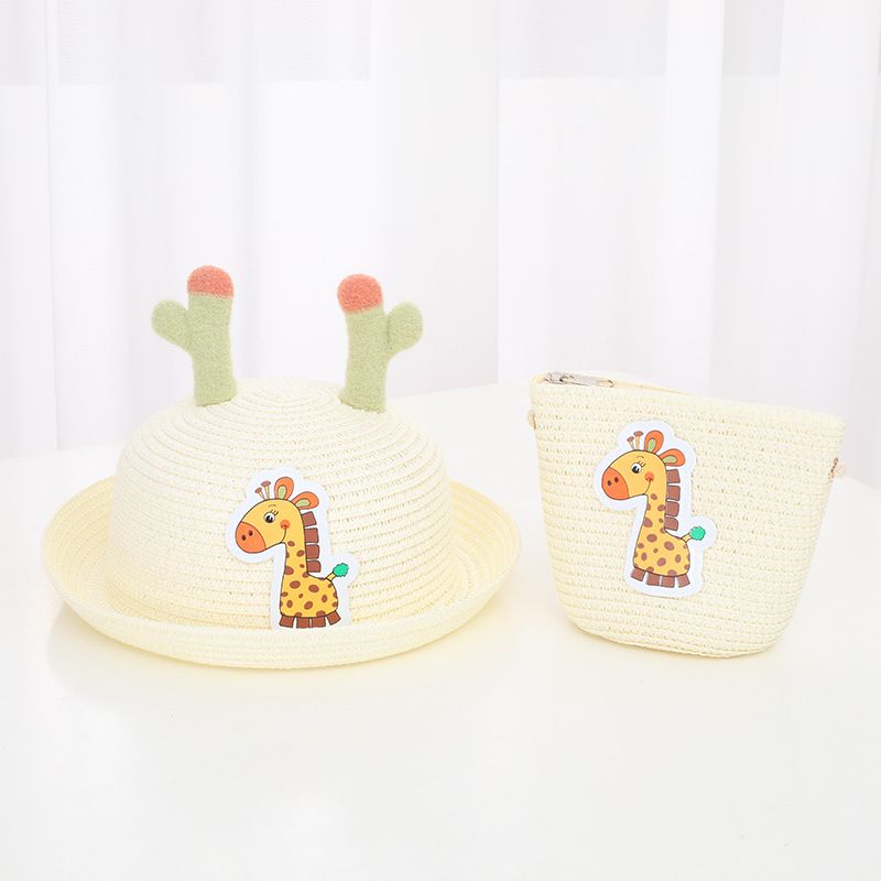 Ensemble de sacs en paille pour animaux de dessin animé, pare-soleil d'été, crème solaire et chapeau de pêcheur mignon pour enfants_voghion.com