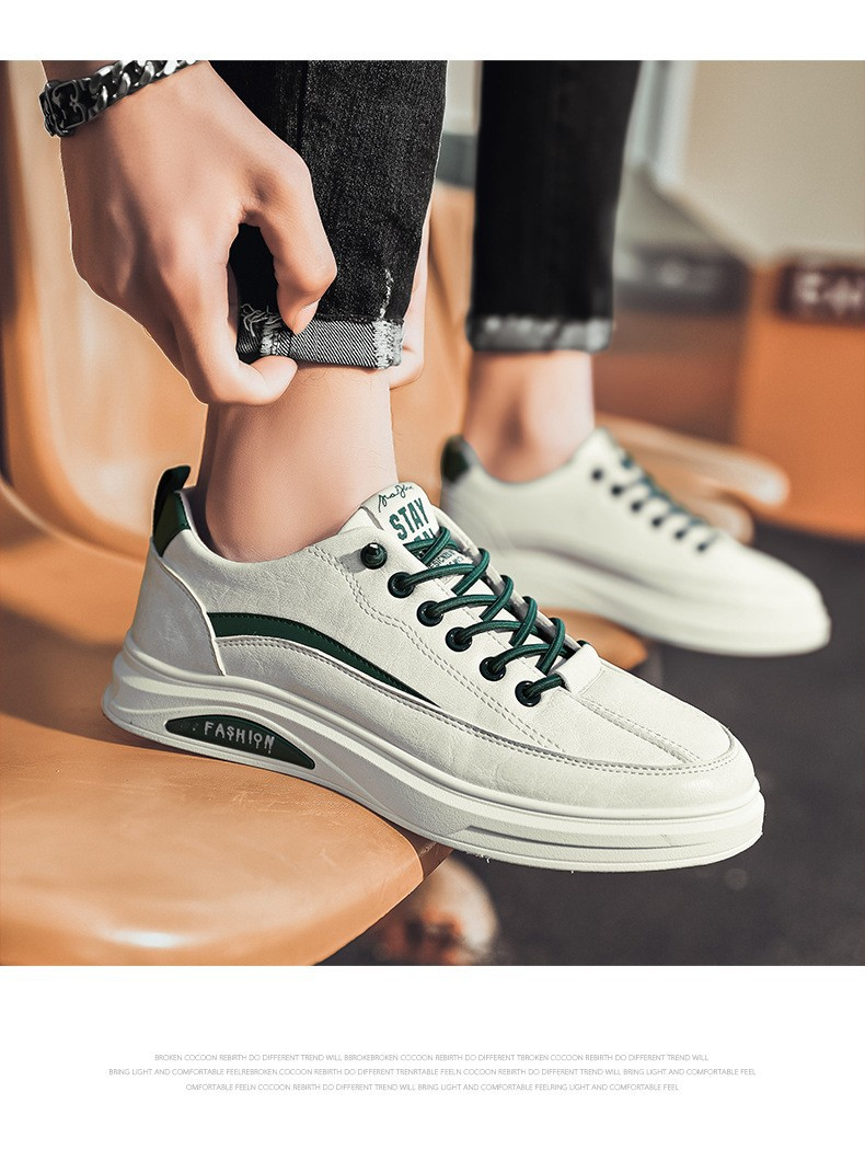 2023 L-cut Trendy White Shoes Men's Casual Leather Shoes Flat Bottom Fashion all-match trendy shoes spring and autumn new men's shoes_voghion.com