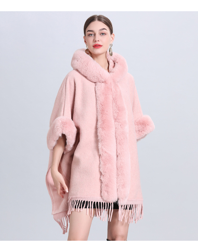 Dameskleding losse plaid plus fluwelen dikke bontkraag gebreide sjaal cape dameswollen sjaaljas_voghion.com