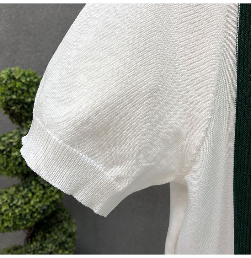 Polo da uomo in seta lavorata a maglia con cerniera, a maniche corte, estiva, stile sottile, alla moda, con colori a contrasto e risvolto sottile._voghion.com