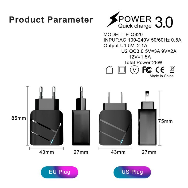 Festival de música 28W luminoso QC3.0 + 2.1A USB telefone móvel porta dupla padrão americano e europeu cabeça de carregamento rápido carregador de viagem_voghion.com
