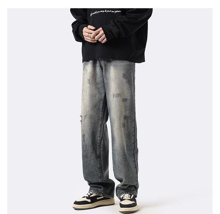 Amerikaanse Vintage Straight Loose Washed Denim Jeans Voor Heren, Herfst En Winter Ins Trendy High Street Broeken, Casual Wijde_voghion.com