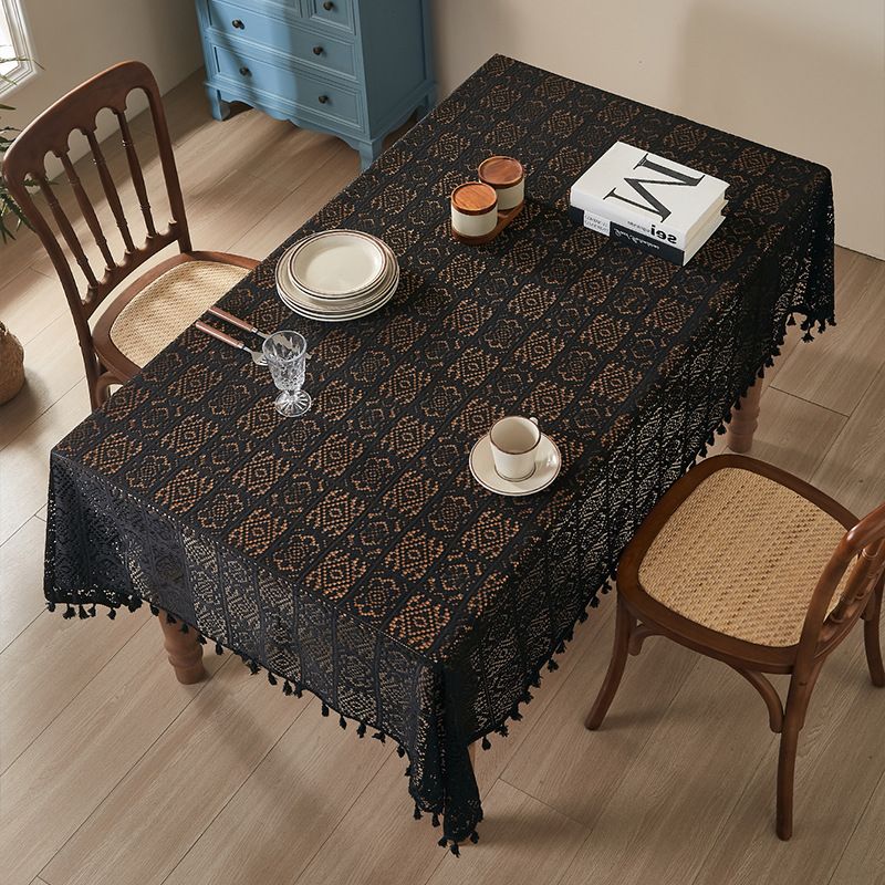 Tovaglia vintage all'uncinetto - Copritavolo in pizzo geometrico 59% cotone per sala da pranzo in stile rustico, antiscivolo e resistente al calore (nero/beige, 8 misure)_voghion.com