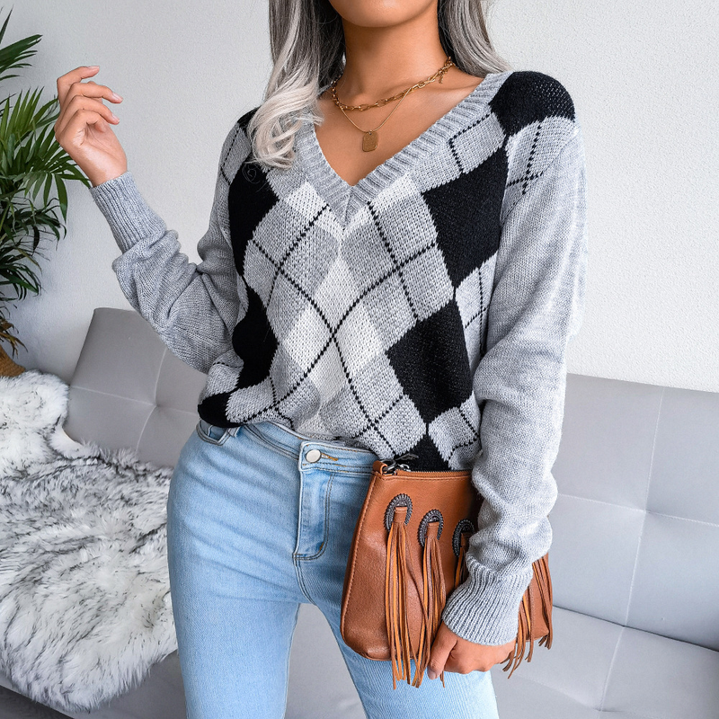 Maglione casual a rombi in stile college, autunno inverno 2024, moda donna_voghion.com