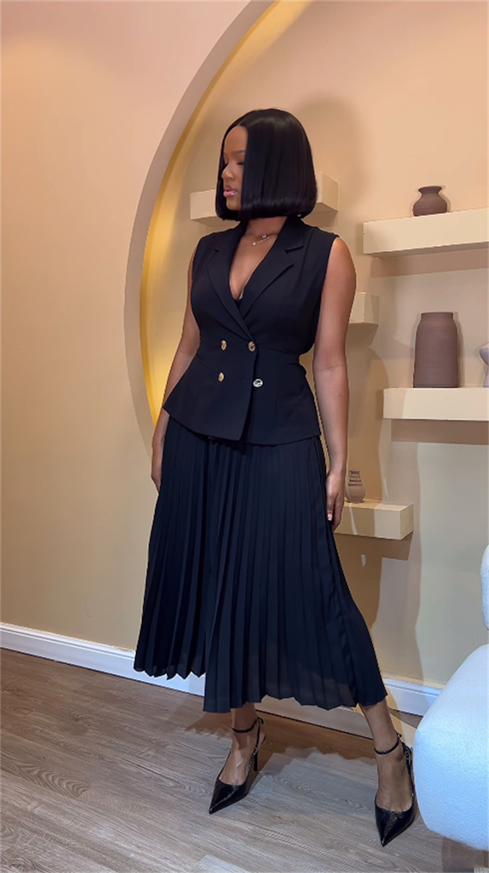 women's clothing temperament suit collar vest top pleated skirt casual suit_voghion.com