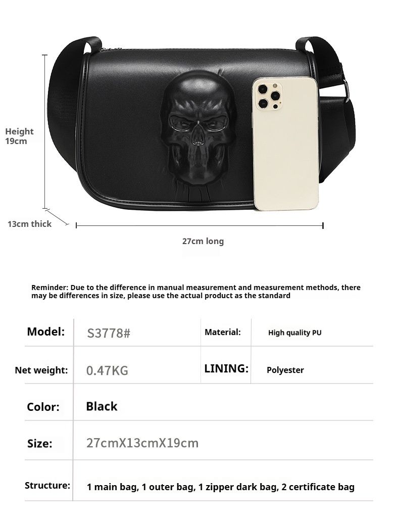 Borsa a tracolla firmata da uomo, design personalizzato con teschio, grande capienza, piccola borsa quadrata alla moda, borsa a tracolla versatile per uomo e donna._voghion.com