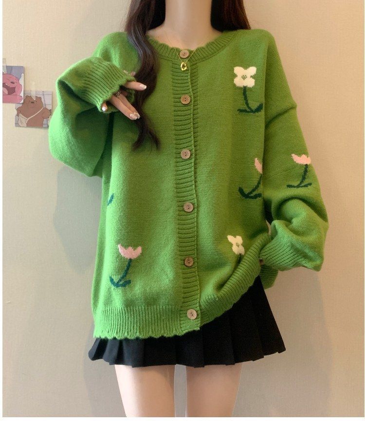 Cardigan brodé oversize – Pull ample en maille fleurie (vert/rose/crème, taille unique)_voghion.com
