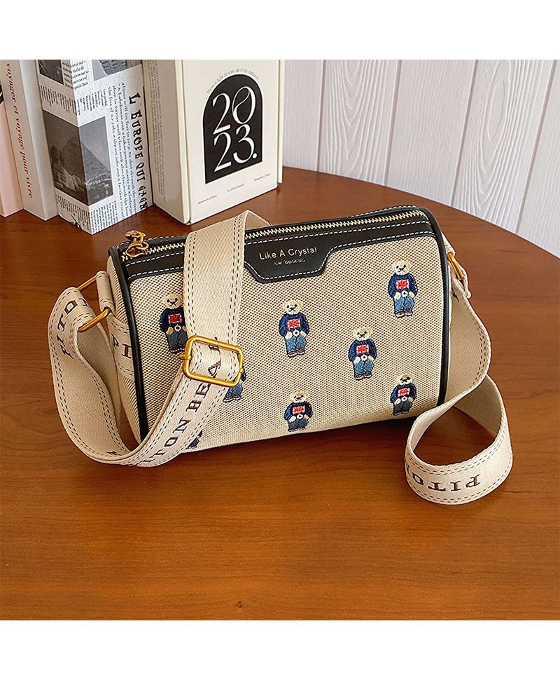 Women's Bags canvas contrast color embroidery wide shoulder strap bag _voghion.com