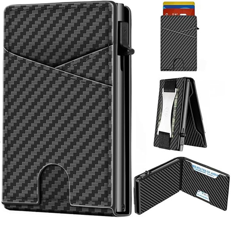 Portafoglio da uomo in fibra di carbonio con cerniera, porta carte RFID, antifurto, con spazzola e clip per banconote, a pressione laterale, automatico, a scomparsa, con scatola per carte._voghion.com