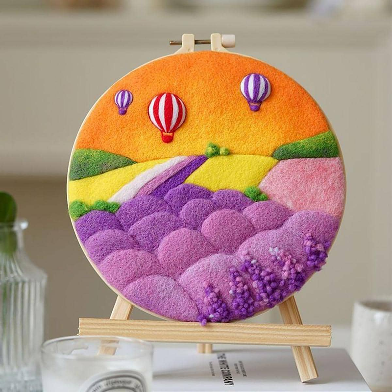 RUOPOTY Moderne Uldmaleri Lavendel Varmluftsballon Broderi Rammesæt Gør-det-selv Filt Håndværk Hjemmeindretning Kunstbillede_voghion.com