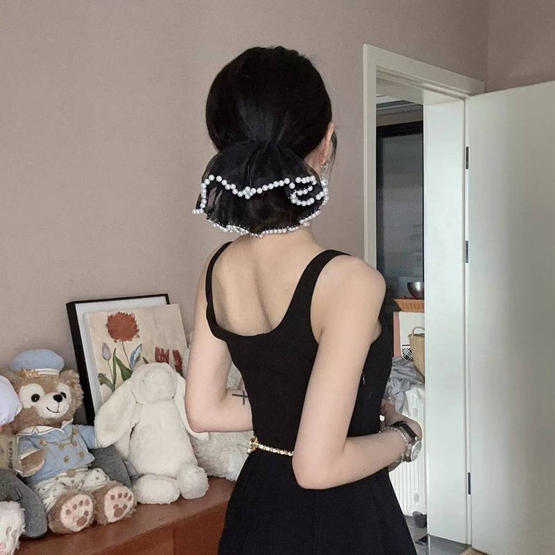 Sommernetz-Haargummis in Volltonfarbe für Mädchen mit schwarzen/cremefarbenen Perlen für Haar-Accessoires für Frauen_voghion.com