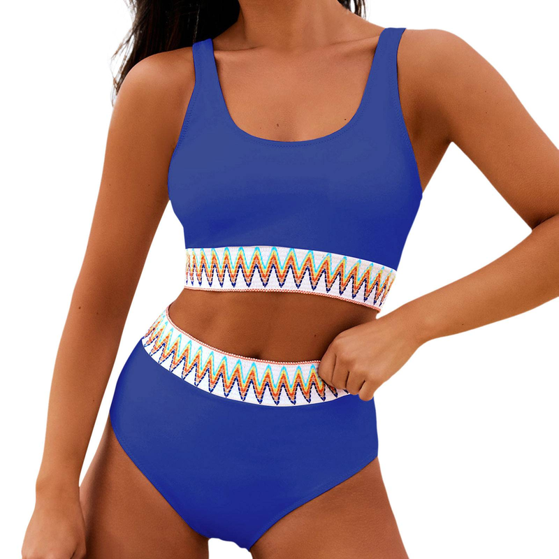 Frauen hohe taille bikini split anzug band große größe badeanzug feste farbe nähte_voghion.com