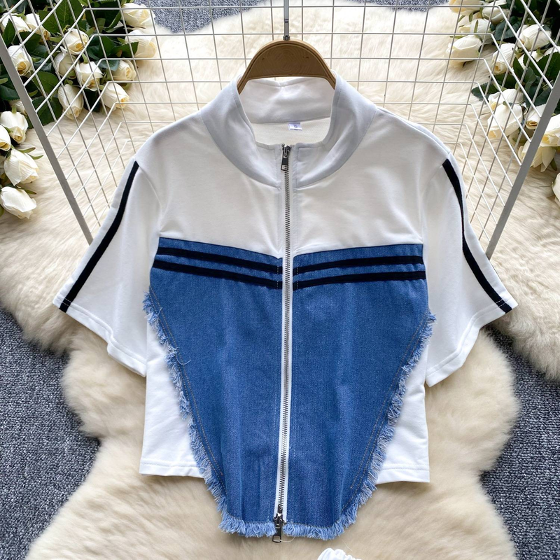 Women's Clothing denim patchwork distressed suit_voghion.com