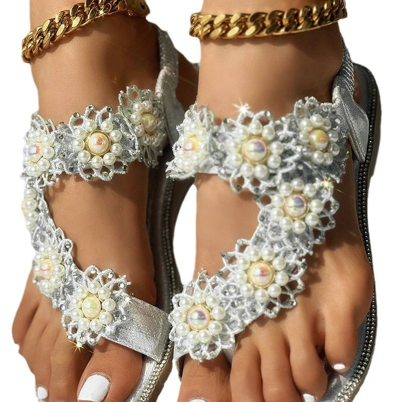 Damenschuhe Sandalen im neuen Stil, flache Sandalen mit Blumenperle, Dekoration aus Gummiband_voghion.com