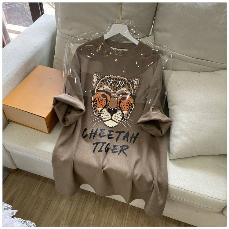 Abbigliamento da donna in cotone retrò con stampa a cartoni animati, testa di leopardo, manica corta, maglietta per donna, tendenza Ins, stampa pigra, mezza manica larga_voghion.com