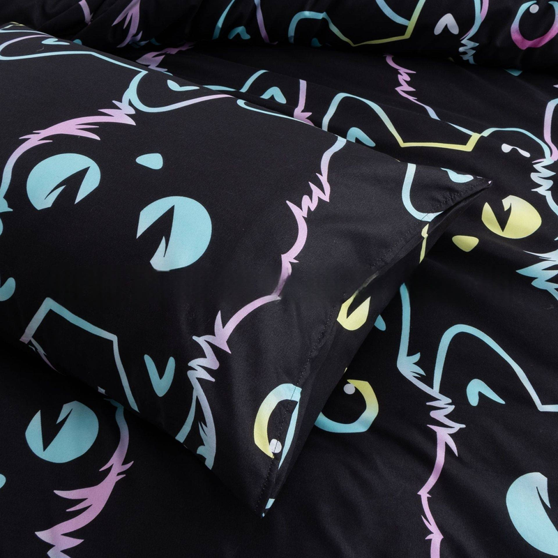 Set di biancheria da letto con gatto fosforescente a forma di cartone animato - Copripiumino da 3 pezzi con federe (in morbido poliestere, lavabile in lavatrice, per letto singolo/matrimoniale/king size)_voghion.com