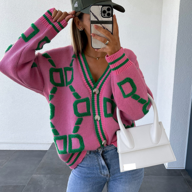 Women's V-Neck Button-Up Knit Cardigan Sweater - Oversized Long Sleeve Open Front Coat For Fall/Winter Letter Print, Casual & Elegant_voghion.com