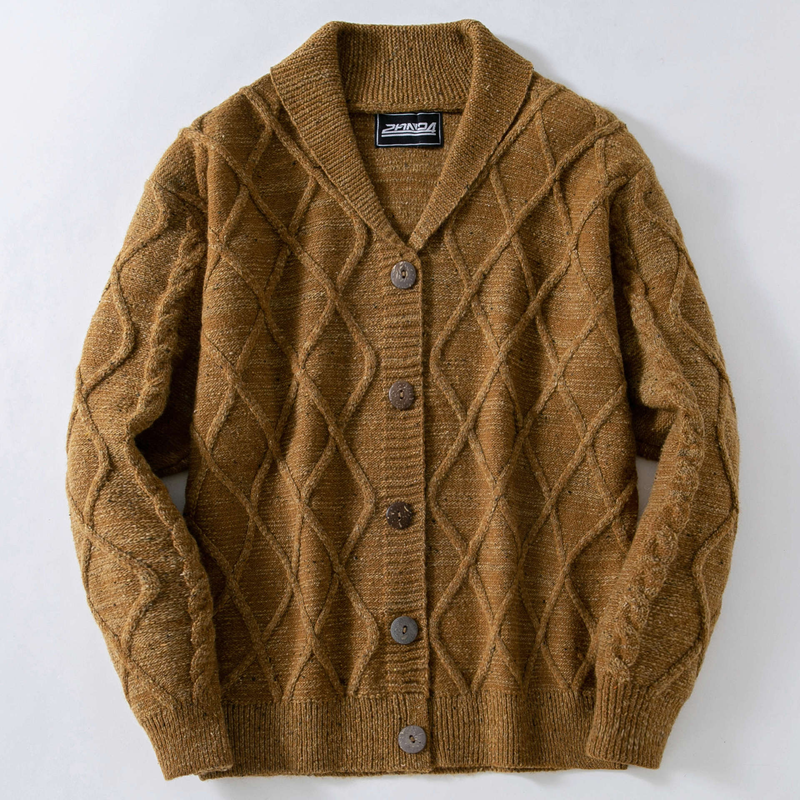Men's Diamond Pattern Knit Cardigan – Retro Wool-Blend Sweater, Autumn & Winter Layering Essential (M-3XL, Brown)_voghion.com