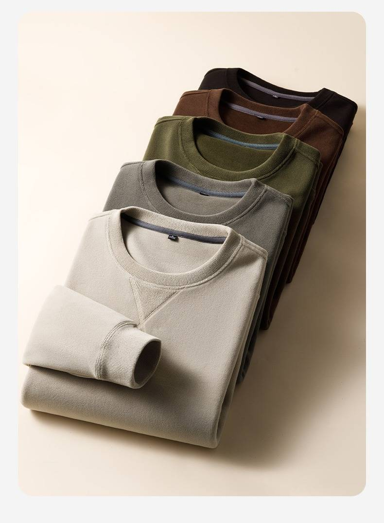 Sweat-shirt ras du cou doublé polaire pour homme (coupe oversize, style urbain, mélange de polyester, couleurs unies, S-4XL, noir/kaki/vert kaki/marron)_voghion.com