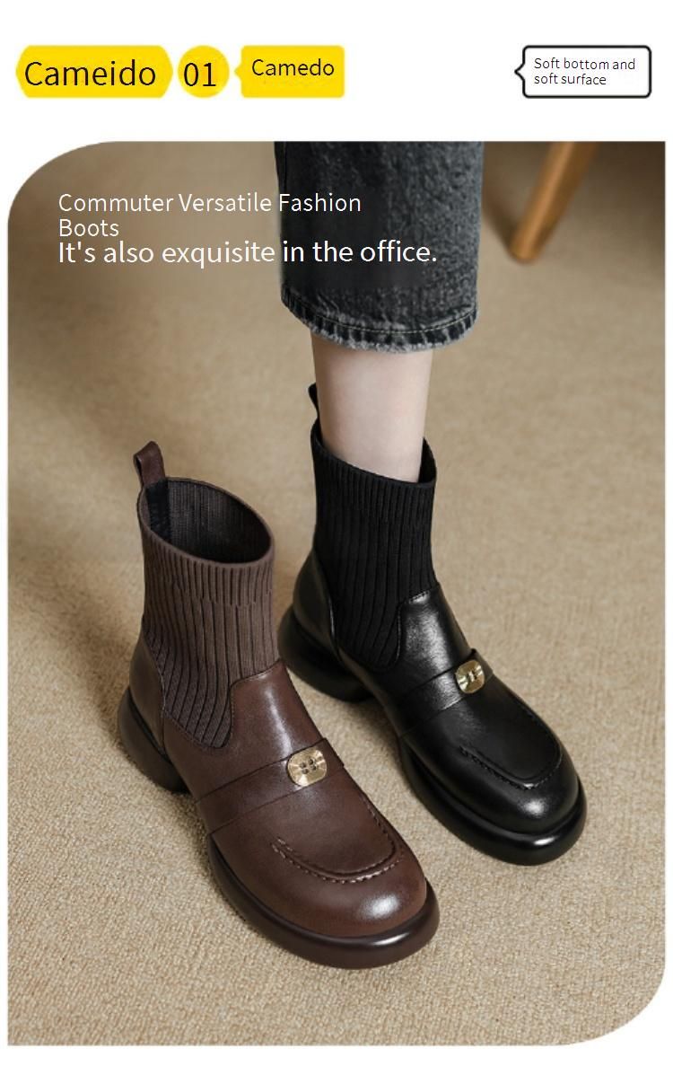 Cameido Women's Leather Short Boots With Elastic Knit Shaft Chunky Heel British Style Autumn Winter_voghion.com