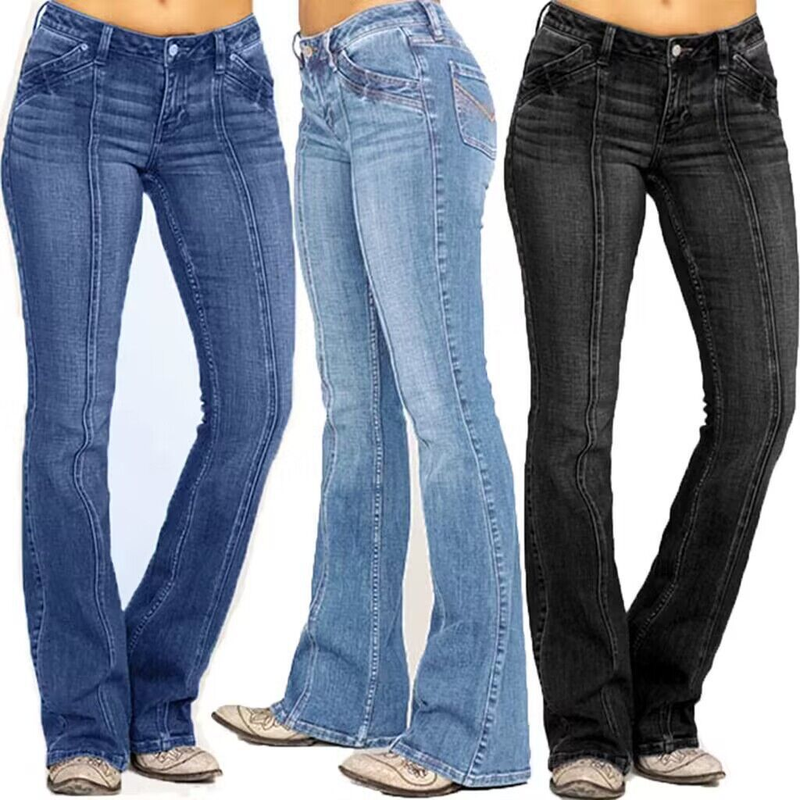 Naisten vaatteet Denim matalavyötäröiset luuta rikkovat levenevät housut_voghion.com