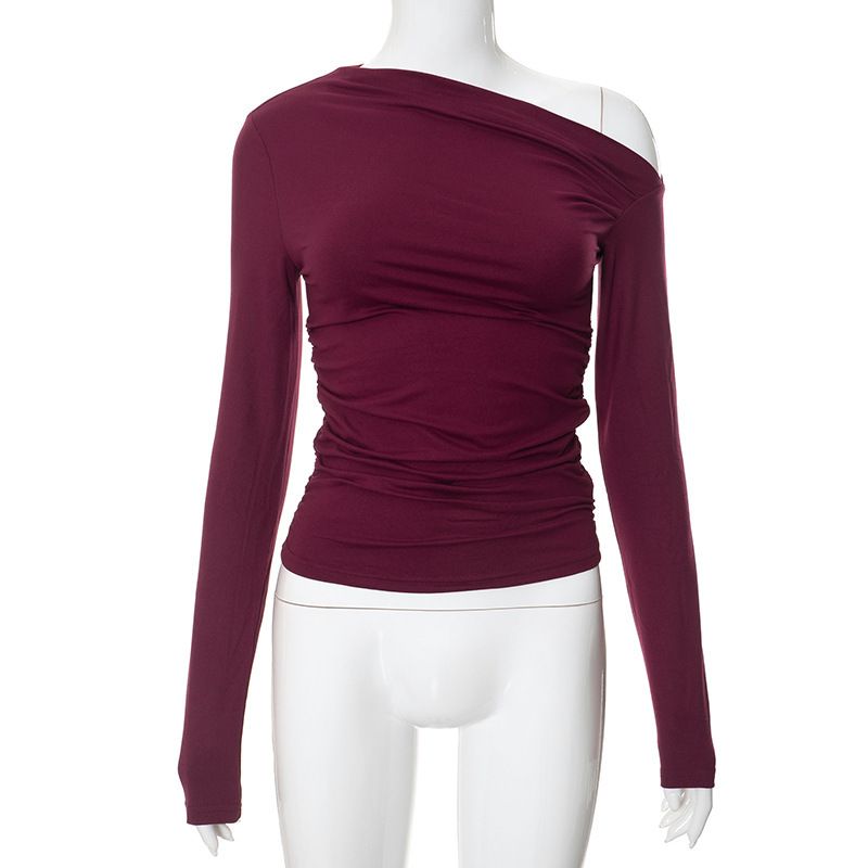 Europäesch an amerikanesch grenziwwerschreidend Fraen Hierscht Ins Nei Einfarweg Schréi Schëller Laangärm Geplisserte Navel Baring Top T-Shirt Weiblech_voghion.com