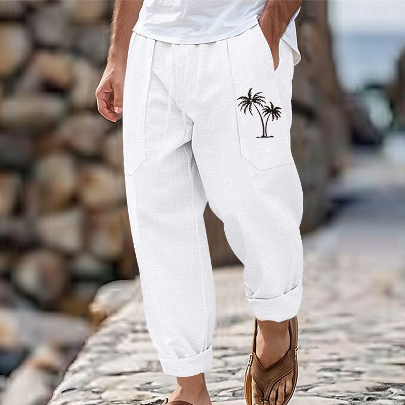 New Fashion Casual Beach Shorts Men Coconut Tree Print Cotton Linen Loose Long Pants_voghion.com