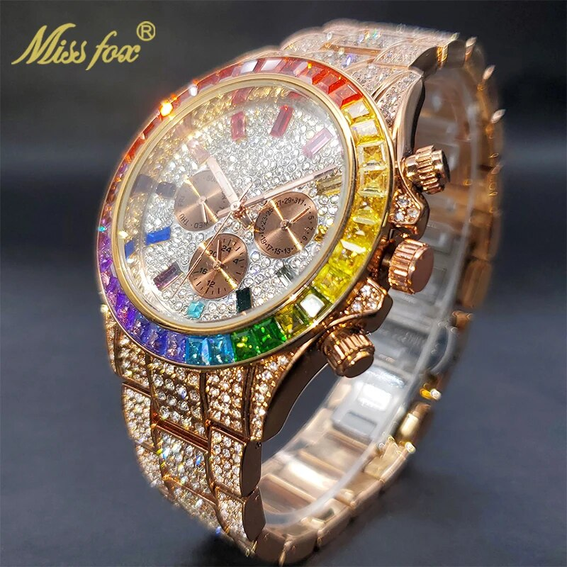Missfox - Gouden herenhorloge, regenboogdiamanten wijzerplaat, chronograaf met drievoudige wijzerplaat, waterdicht, sportief, elegant_voghion.com