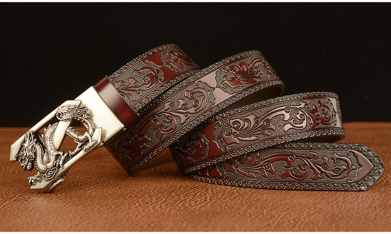 3.5cm Fashion Eming Retro Male Belts for Men Business Cowhide Genuine Leather Belt Dragon Pattern Automatic Buckle Strap_voghion.com