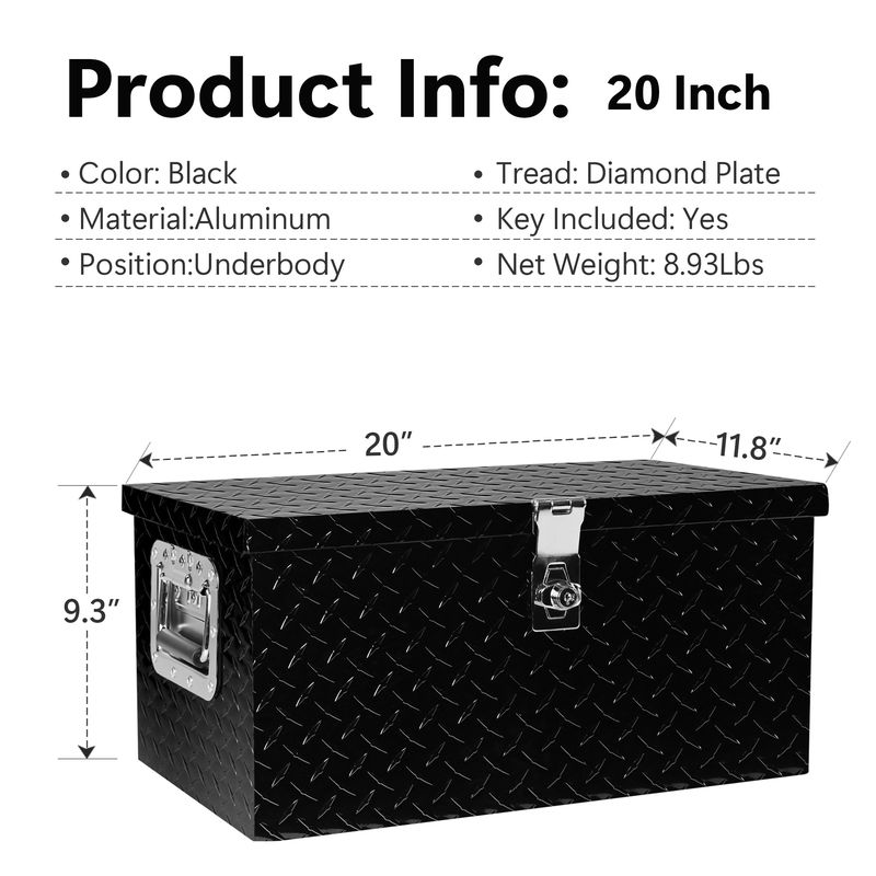 20 Inch Black Aluminum Tool Long Box Tread Flat Box For Truck Car Outdoor Trailer Pickup Underbody RV ATV Storage Tools Organizer With Lock Side Handle And Keys (20.1"×11.8"×9.3")_voghion.com