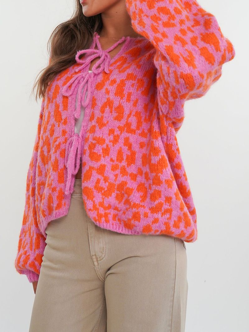 Women's Leopard Print Knit Cardigan – Retro Tie-Front Open Sweater Coat (Black, Green, Orange, Khaki, Burgundy)_voghion.com