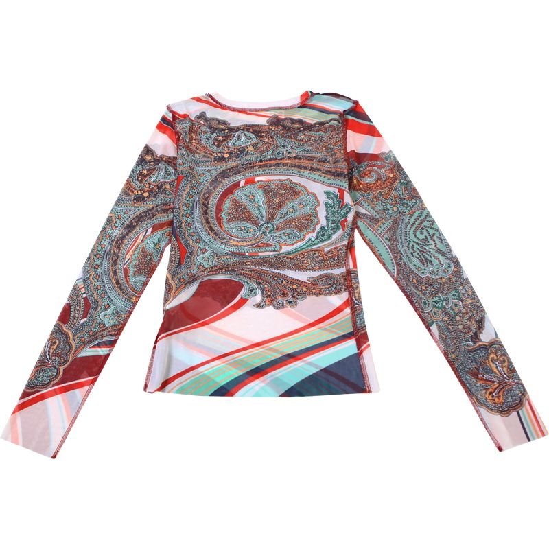 T-shirt slim à manches longues et col mi-haut pour femme, imprimé abstrait, coupe ajustée_voghion.com