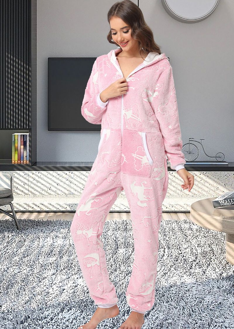 women's Christmas deer snowflake flannel hooded jumpsuit pajamas home clothes_voghion.com
