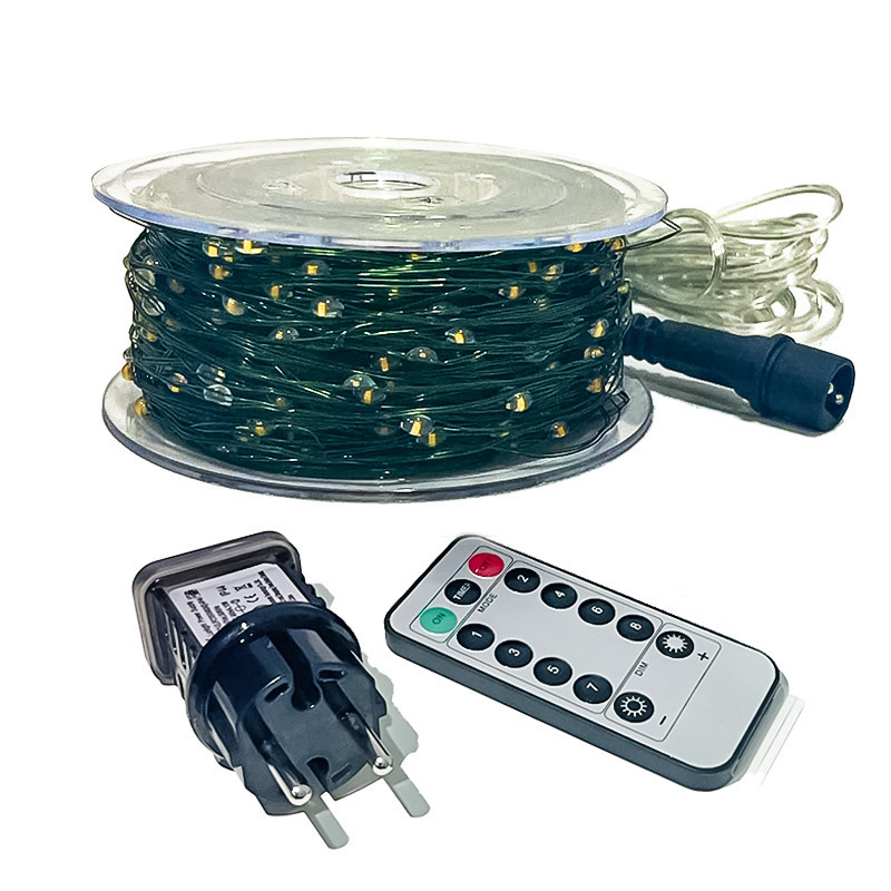 Cadena de luces para árbol de Navidad, alambre verde negro, alambre de cobre, cuerda de luces de alambre de cobre, llena de estrellas, plantas verdes, decoración navideña de ratán_voghion.com