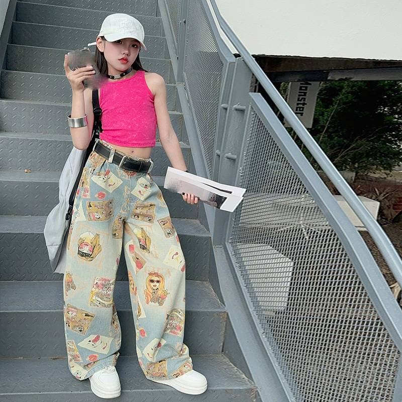 Dětské oblečení, letní džíny, stylové potištěné kalhoty se širokými nohavicemi, módní ležérní střední a velké rovné dlouhé kalhoty_voghion.com