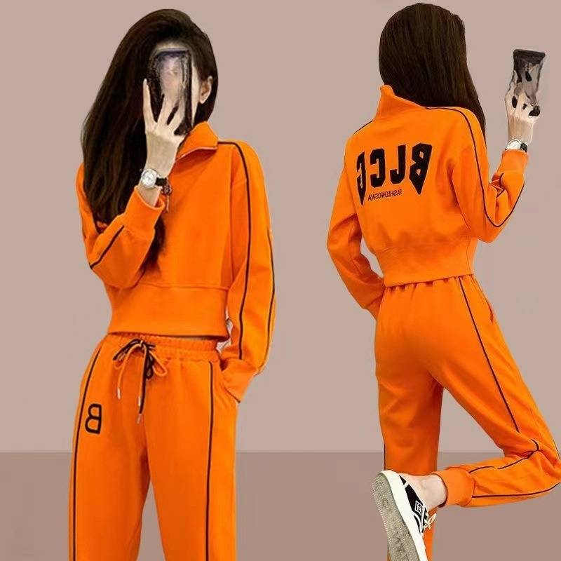 Completo da donna in maglia di grandi dimensioni, primavera e autunno, con ricamo a lettere, completo casual da studente, leggings, due pezzi_voghion.com